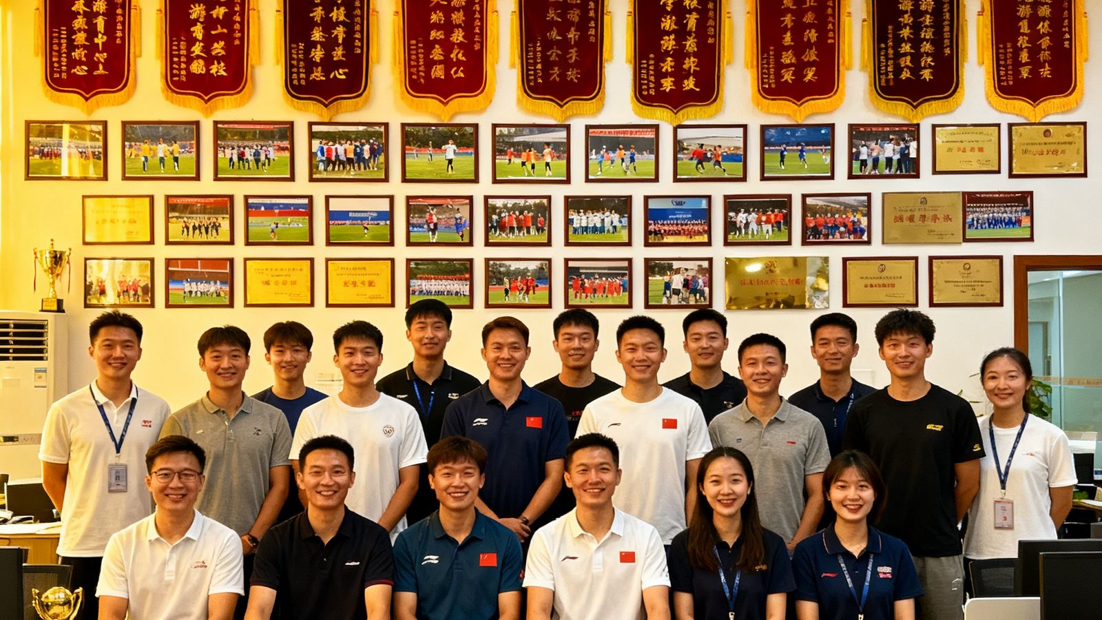 九游体育发展中心的教练团队与工作人员在办公室内合影，背景墙上挂满了各校赠送的锦旗和赛事获奖照片，团队约四十人面带微笑展现出专业与热情