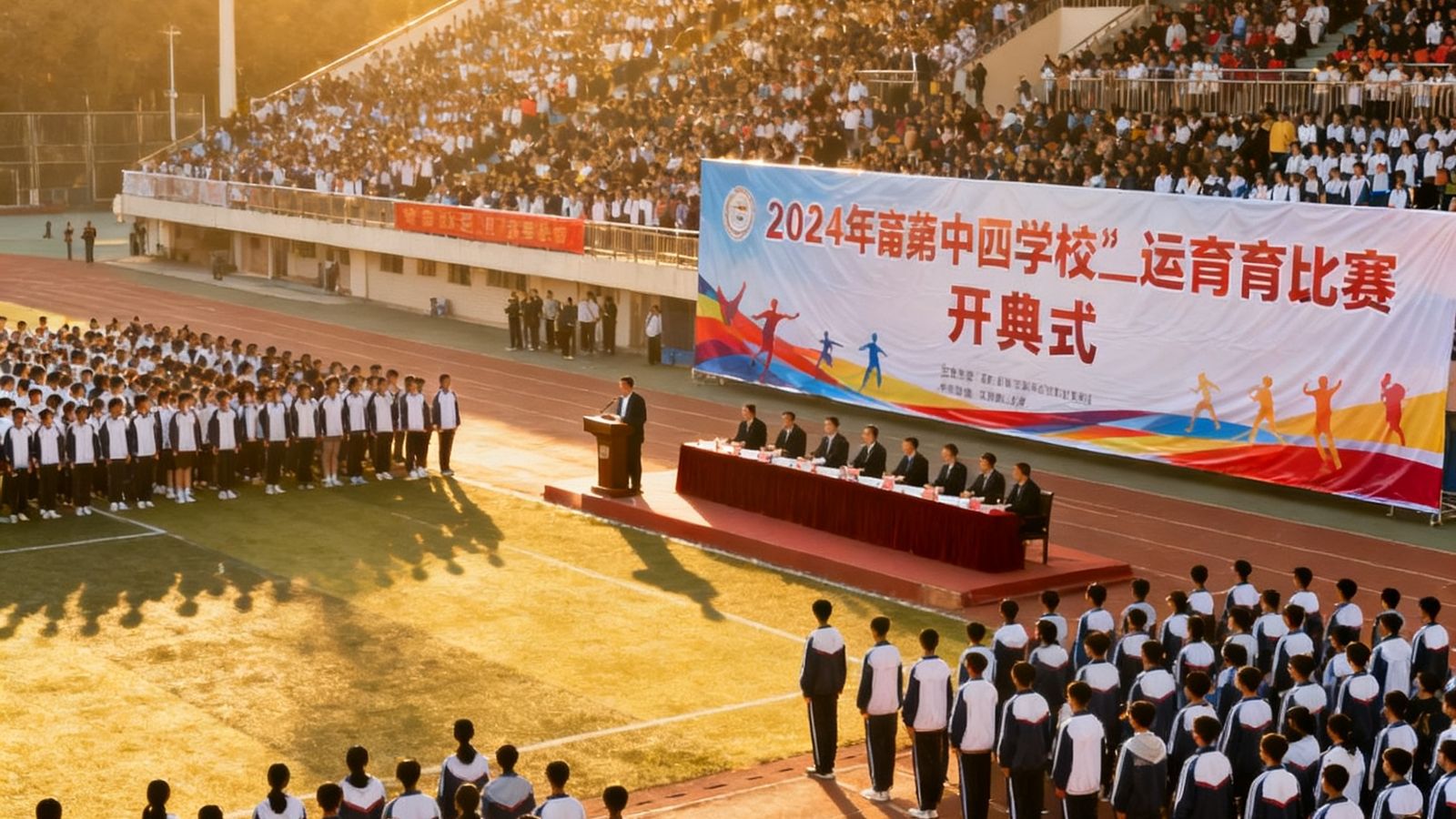 大型校园体育赛事开幕式现场，上千名学生身着统一运动服整齐列队，主席台上嘉宾正在致辞，巨大的赛事横幅悬挂在体育场上空，气氛热烈而庄重